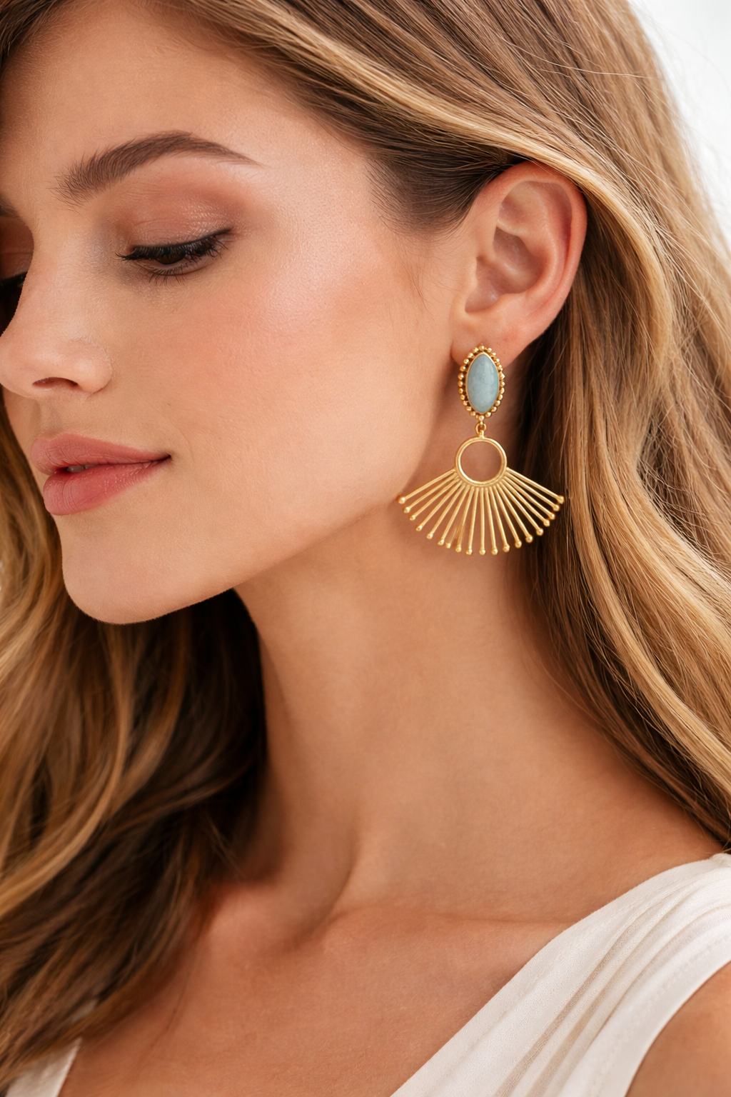 Fan Earrings with Natural Larimar - Image 2