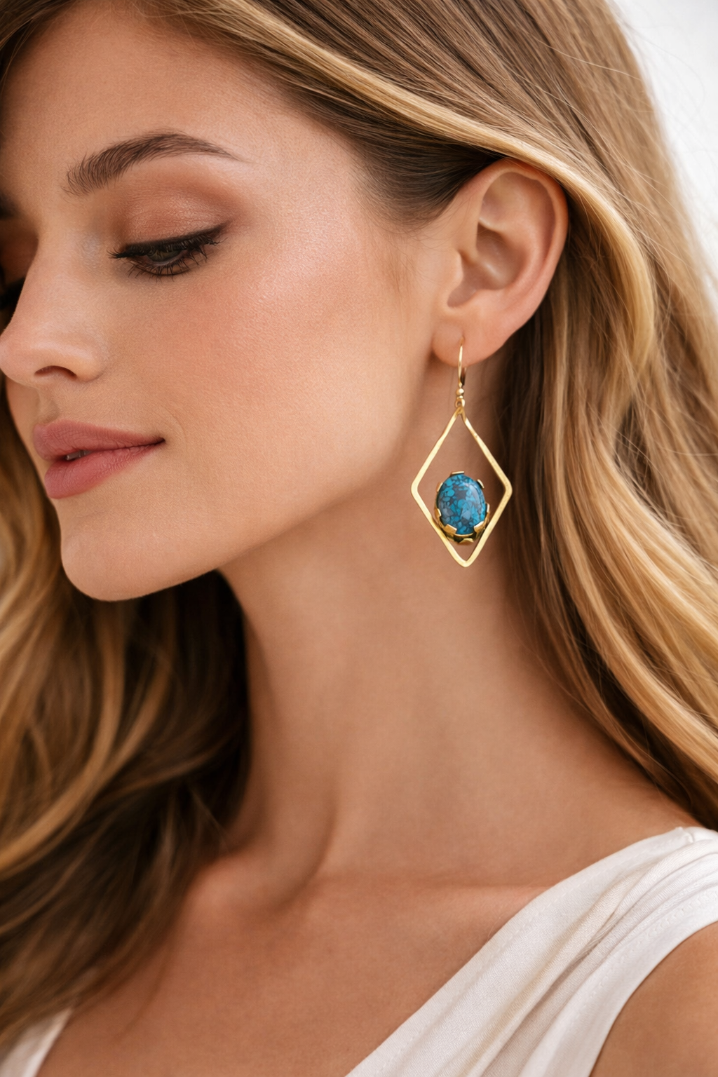 Diamond Shape Turquoise Earrings - Image 2