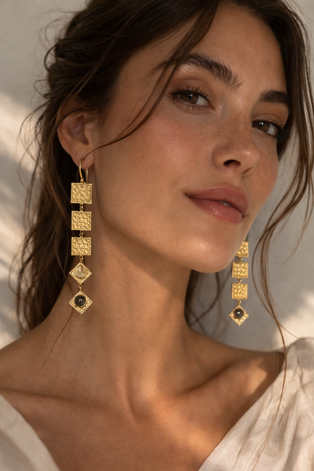 Square Handmade Gold Quartz Earrings - Image 2