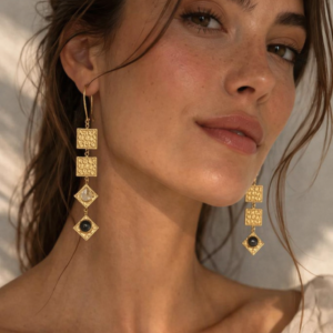 square handmade gold quartz earrings