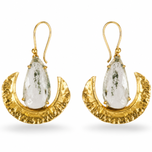 gold crescent earrings with natural quartz