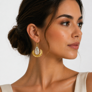 gold crescent earrings with natural quartz